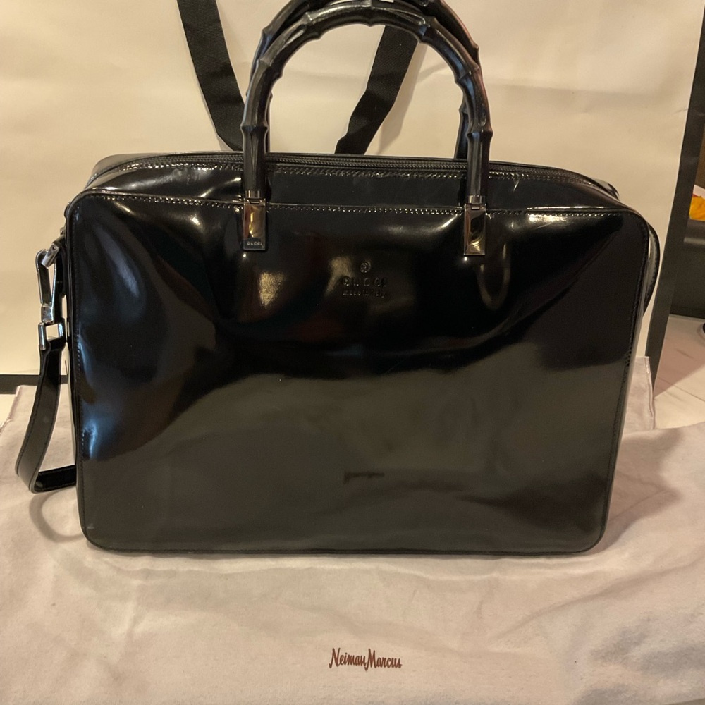 Gucci Black Patent Leather Bamboo Handles 2-WAY TOTE - Picture 1 of 11